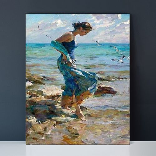 北欧花植风景海边优雅女人 diy数字油彩画创意手工打发时间装饰画