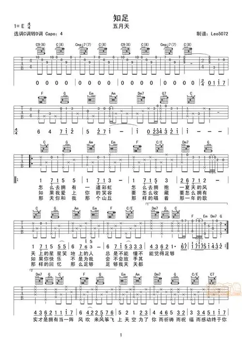 知足-五月天(原版编配,单琴搞定一切)c调六线吉他谱-虫虫吉他谱免费