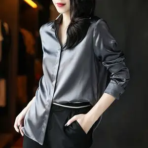 女士丝绸缎面重磅厚欧货真丝衬衫女长袖桑蚕丝大牌上衣衬衣小衫