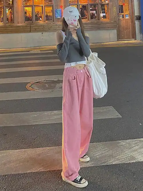 粉色高腰阔腿牛仔裤ins夏天薄款宽松设计感直筒牛仔裤