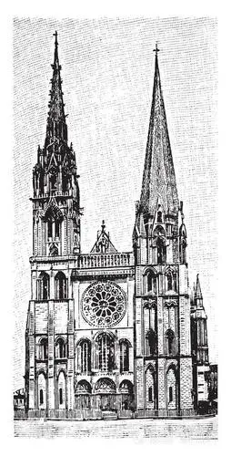 哥特式天主教大教堂, 法国的哥特式建筑, 完美保存, 复古线条画或