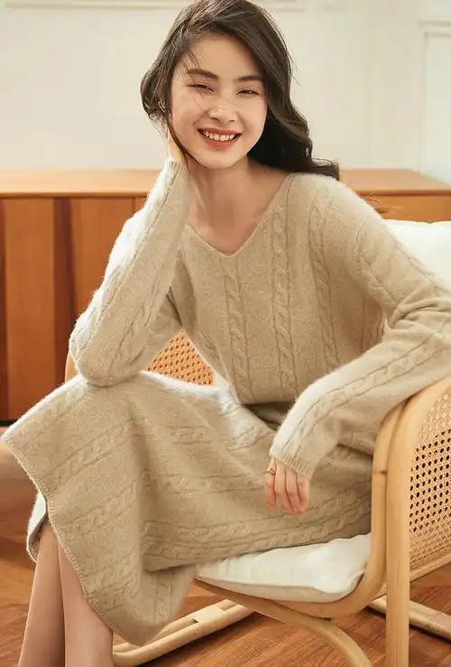 羊绒衫女长加厚麻花2021秋冬新款慵懒中长款长袖针织衫毛衣 奶白色 xl