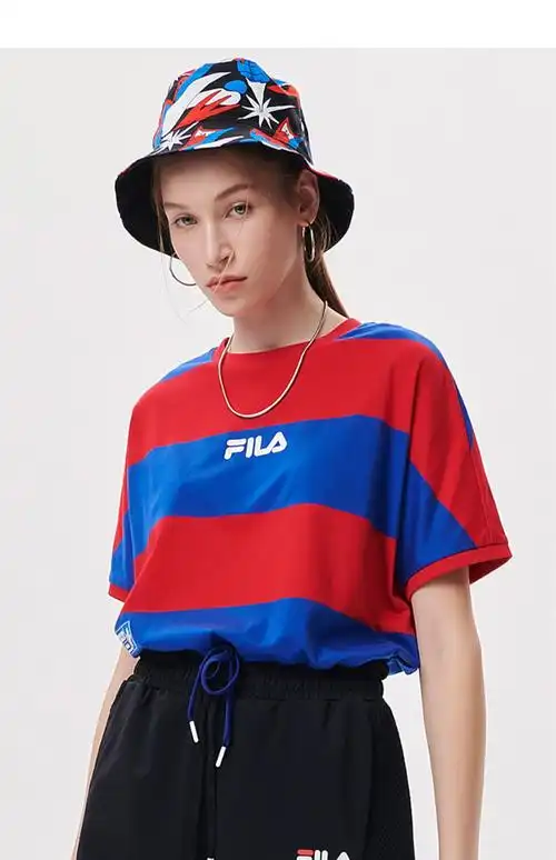 fila fusion斐乐潮牌女装针织短袖衫2021夏秋新款时尚条纹宽松t恤 稠