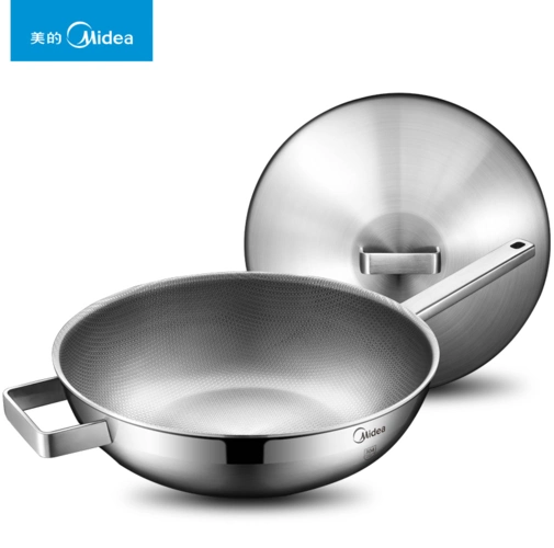 midea/美的炒锅304不锈钢无涂层少油烟不易粘锅32cm 电磁炉炒锅