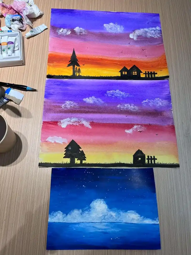 小学生水粉颜料画炫彩天空.在家和小朋友一起画炫彩天空,很有意 - 抖