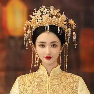 新娘头饰中式大气流苏古装秀禾服金色凤冠结婚秀禾头饰新款韶仪