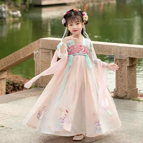 汉服女童夏季薄款儿童古装中国国风超仙连衣裙唐装