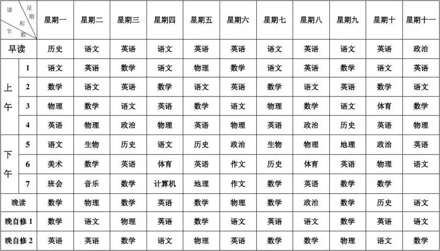 9中学班级课程表