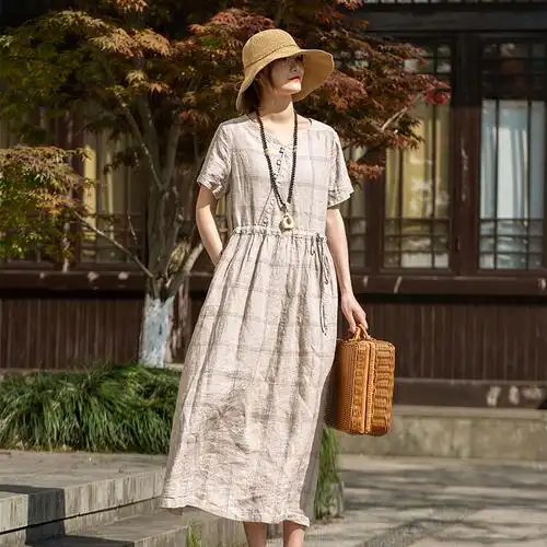 棉麻连衣裙女高高端夏薄款外贸文艺原创亚麻复古连衣裙