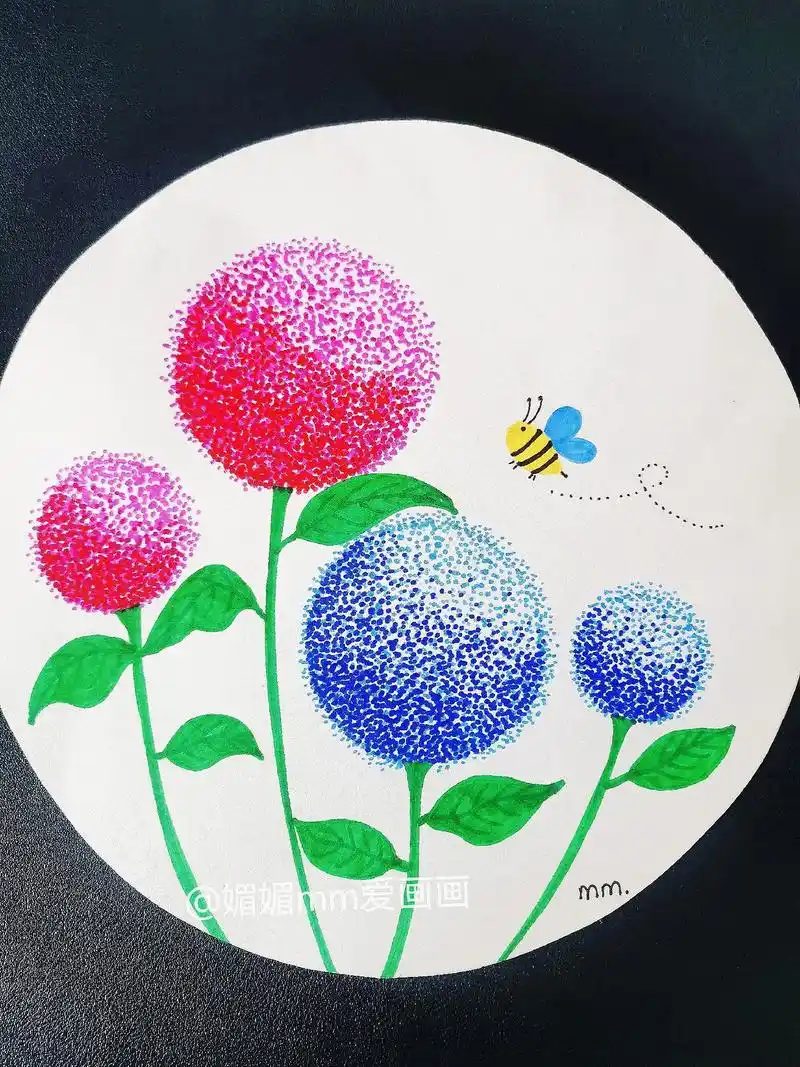 《点彩画花朵》只要你会拿笔就可以画出的一幅画,用马克笔一直点 - 抖