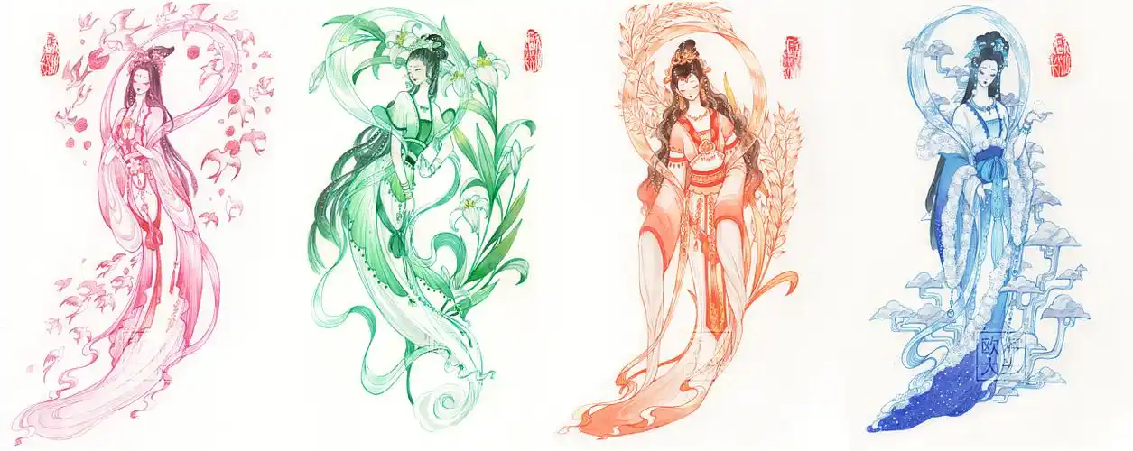 诎孜拟人插画合集灵感记录唯美古风黑白插画针管笔手绘 天帝少女