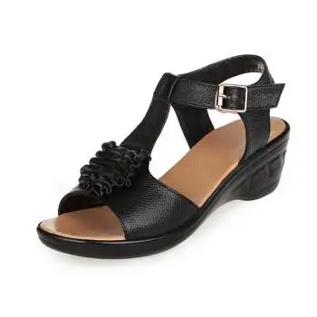 女装夏季透气中年女士宽脚坡跟真皮凉鞋女女鞋平底中老年妈妈皮黑色38