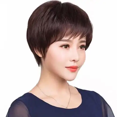 逼真假发女士斜刘海黑色头套 短直发 中老年新款妈妈整顶发型wigs