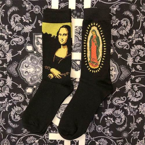 中长筒人类棉质袜子祈祷著名油画文艺蒙娜丽莎圣母光环普照peace