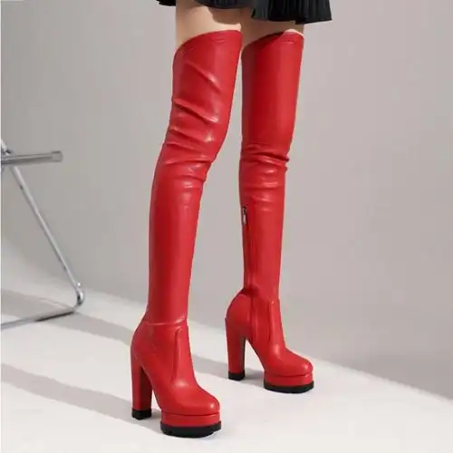 券大全—防水台粗跟高跟过膝长靴弹力瘦瘦靴长筒女红色杏色酒红色大码