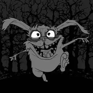 动画片恐怖兔子在黑暗的森林里跳跃照片