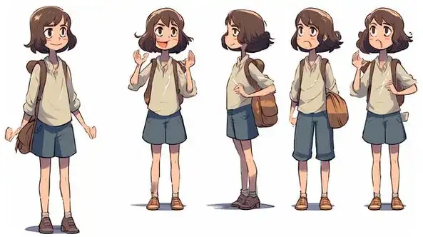 可爱的女孩全身5个不同动作神态创意插画