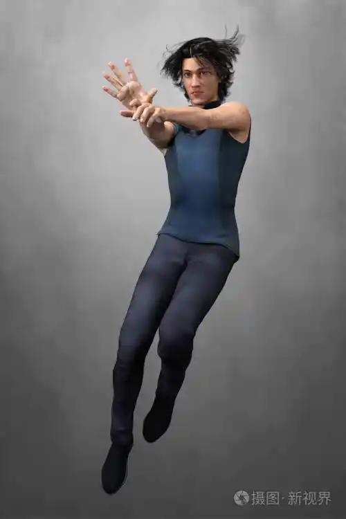 一个帅气的都市奇幻型男在跳跃的魔幻姿势中的渲染
