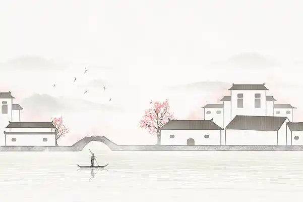 水墨屋檐水墨江南水乡徽派建筑古建筑立春插画手绘春天风景背景春日