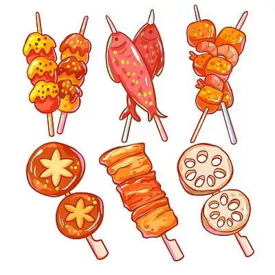 素材淡雅简约餐饮餐厅美食麻辣烫海报设计卡通关公烧烤烤串插画关二爷