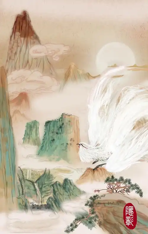 古风手绘插画敦煌风山水画凤凰水墨画古画风国风国潮|插画|商业插画