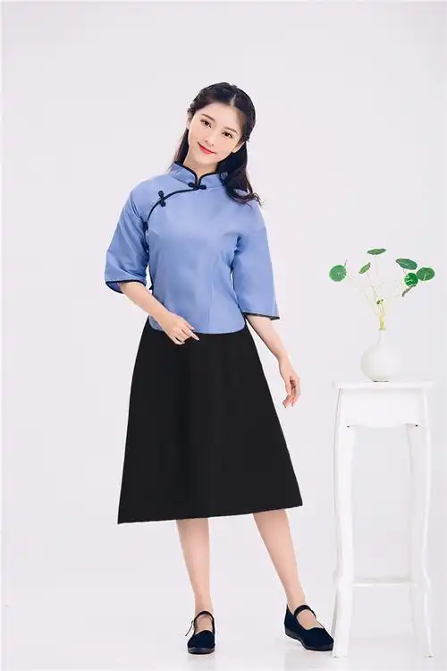 民国女五四青年装民国时期古装服装毕业服影楼主题写真 蓝色棉布 短 s