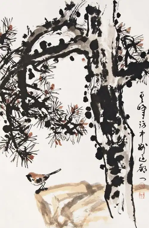 0101古松麻雀镜心设色纸本