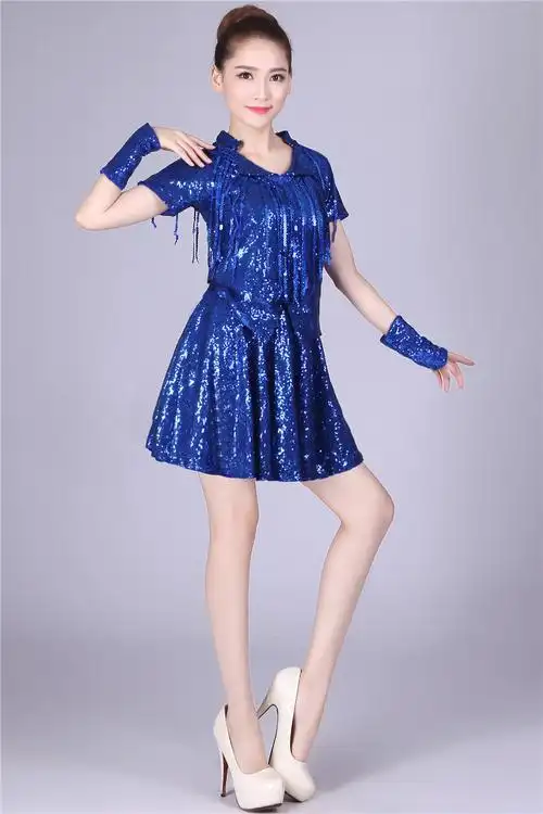 广场舞服装新款套装女夏裙现代舞亮片演出服爵士舞舞蹈服 大红色无袖
