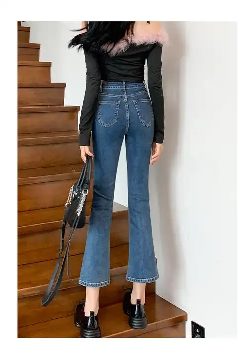 显高显瘦显腿长今年流行的微喇牛仔裤女高腰九分小个子开叉喇叭裤