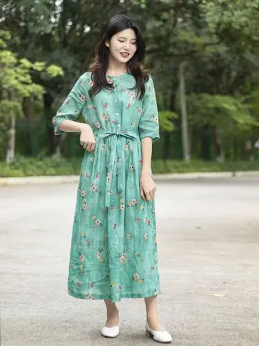 十五家2020原创新款苎麻印花连衣裙碎花清新文艺夏季女装女裙棉麻