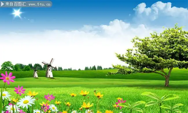 蓝天下的草地图片-大自然-百图汇素材网