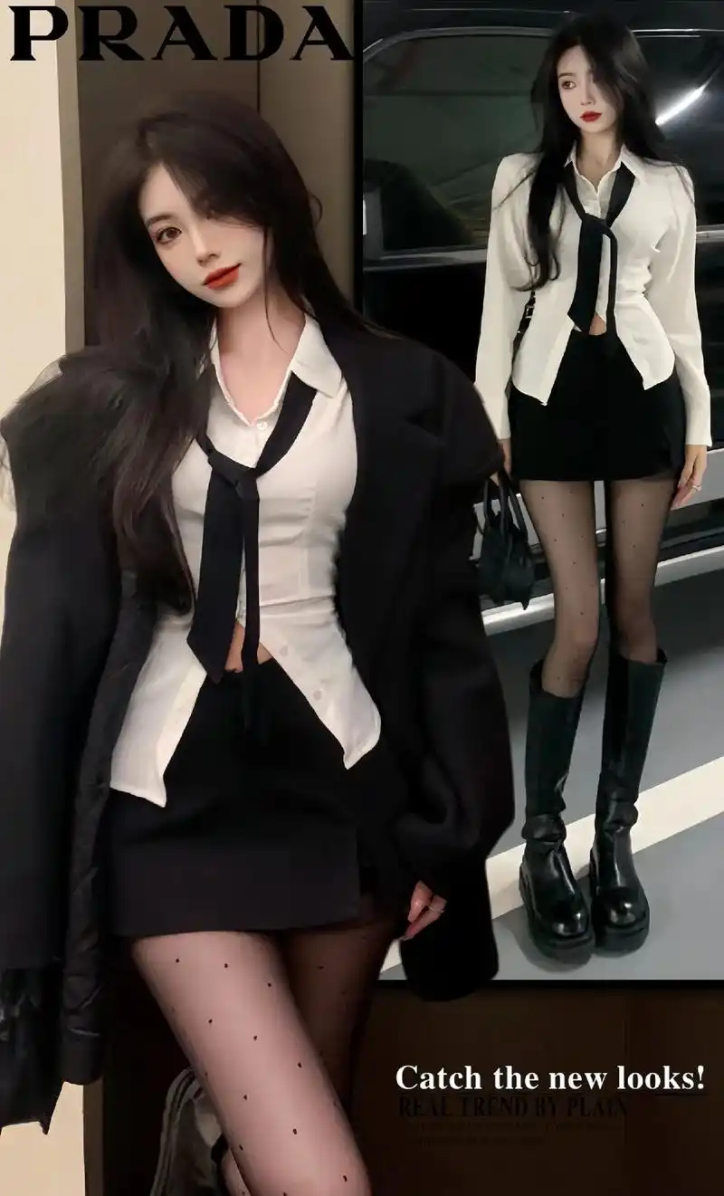 白衬衫黑短裙真的好绝!偶买噶!姐妹们～这套纯欲 - 抖音