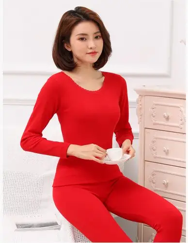 【2020秋冬新款时尚】毛线圈加厚保暖内衣套装女圆领衣裤打底衫女套装