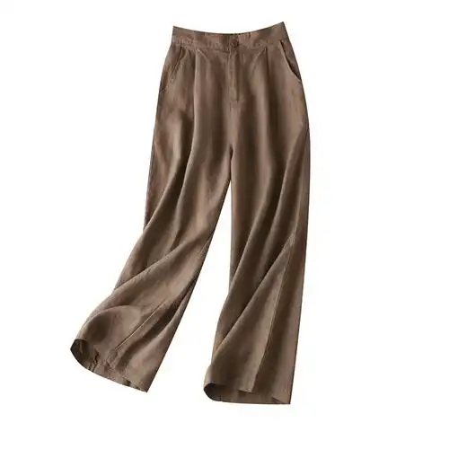 春夏亚麻休闲裤子职业女裤棉麻女装阔腿裤女高腰垂感宽松九分裤子白色