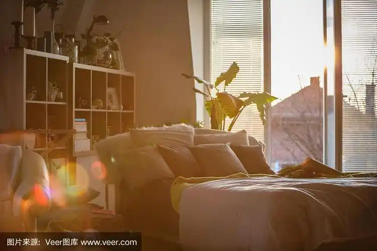 舒适的卧室,阳光透过窗户照射进来