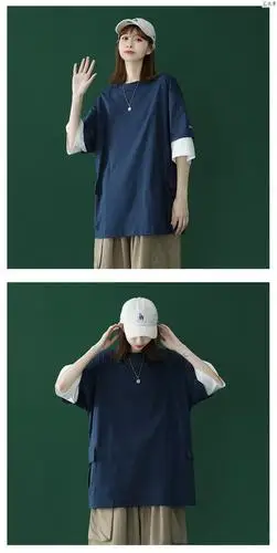 胖mmt恤女半截袖假两件t恤女韩版工装设计感小众大码女半袖体恤 黑色