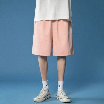 短裤男夏季纯色宽松短裤ins男士休闲沙滩五分裤潮流帅气裤子男装 粉色