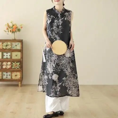 2024夏季棉麻女装文艺复古风新中式改良旗袍苎麻印花民族风连衣裙