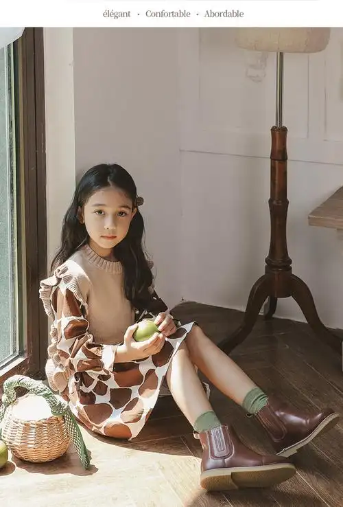 ariaca童靴黑色女童靴子真皮秋冬小女孩短靴公主加绒儿童马丁靴女