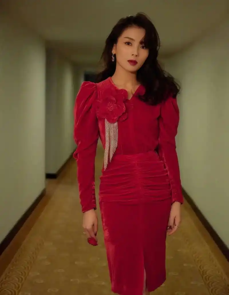 真丝丝绒 春晚刘涛穿的这件红色丝绒连衣裙真的绝了!大红色丝 - 兑趑