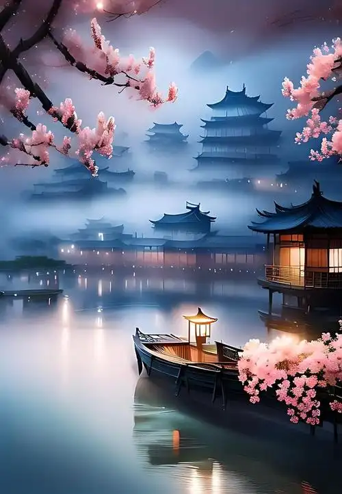 江南古镇,烟雨蒙蒙的渡口,灯火通明,人来人往,一叶小舟缓缓向我驶来