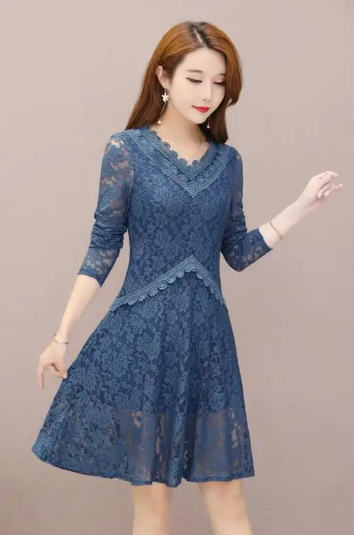 连衣裙女春2020新款韩版时尚中长款蕾丝修身显瘦妈妈装打底裙子