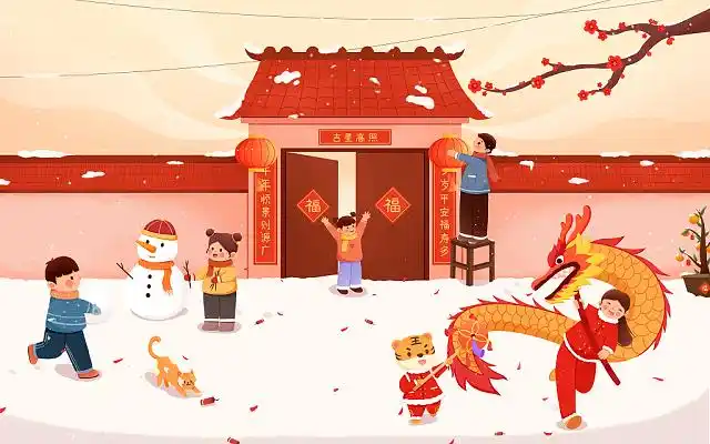 恭贺新春卡通新年舞龙灯笼喜庆小孩玩耍插画卡通新年插画春节快乐新年