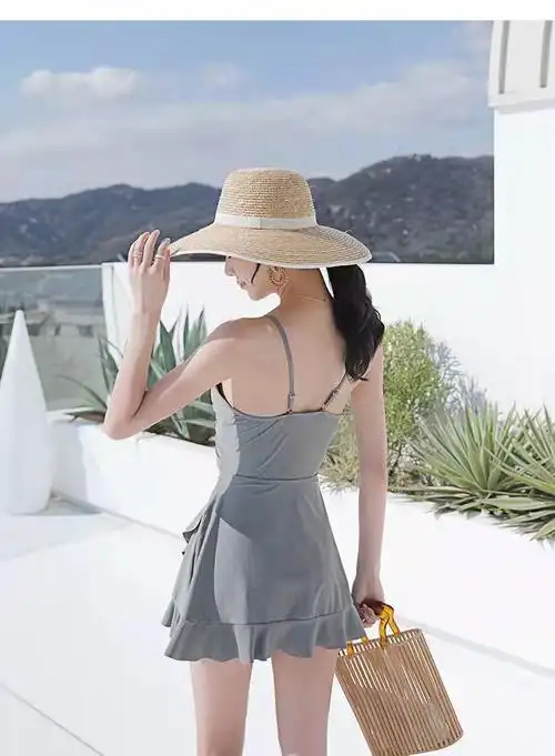 2022新款纯色游泳装性感镂空遮肚露背显瘦保守连体裙式泳衣女灰色m