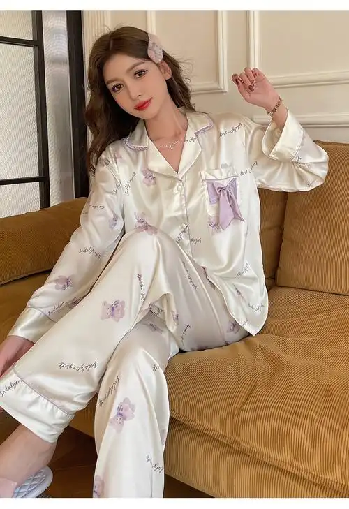 可爱冰丝睡衣女春秋款性感网红风高级感薄款丝绸家居服套装夏季 - 17