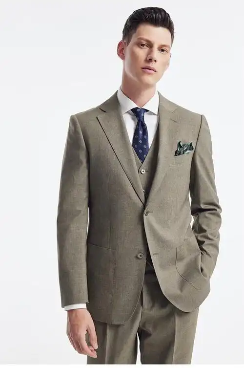 品牌高端卡其色西装男套装新郎结婚礼服正装时尚英伦风休闲男士三件套