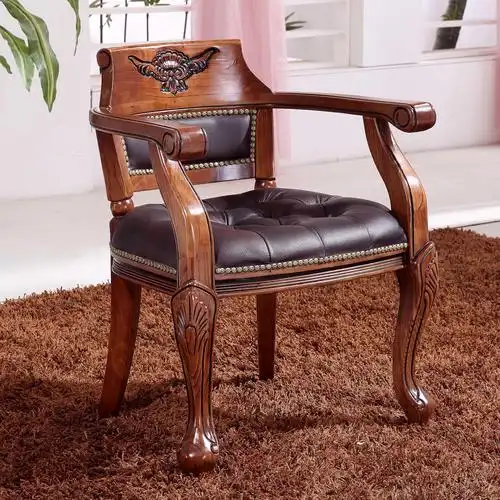 欧式真皮靠背餐椅美式实木雕花扶手酒店围椅围椅
