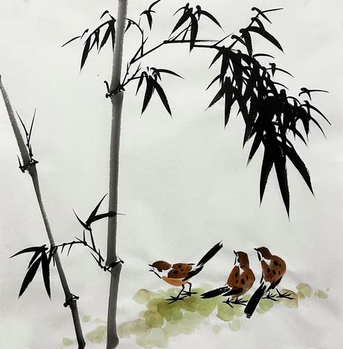 水墨画竹子手绘4149三尺斗方无款新中式墙画装饰玄关国画宣纸画芯