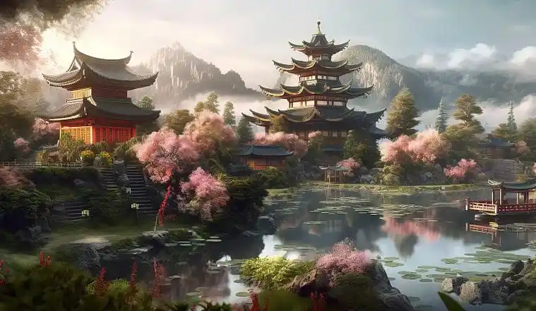 【ai数字艺术】3d渲染新中式风格古风建筑山水风景图片下载