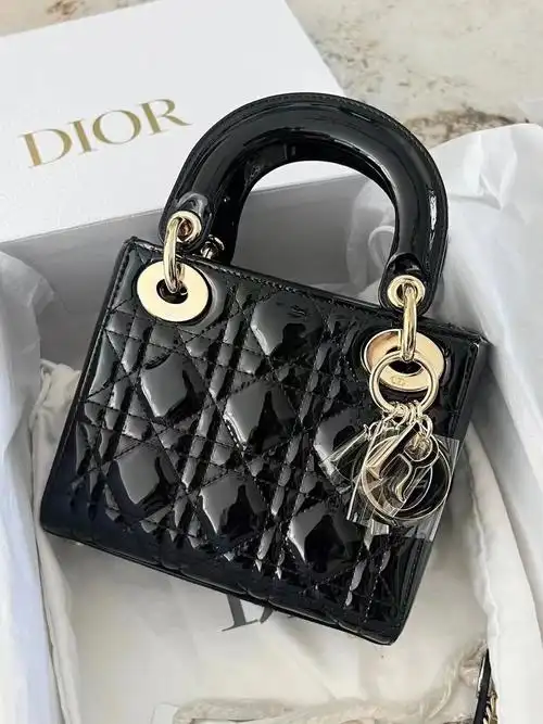 全78dior迪奥黑色漆皮三格戴妃包